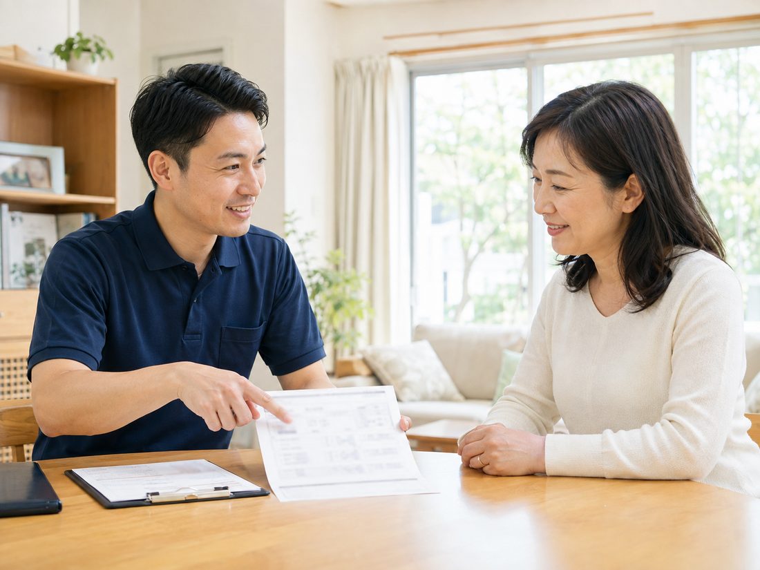 テーブルで料金を説明するスタッフ